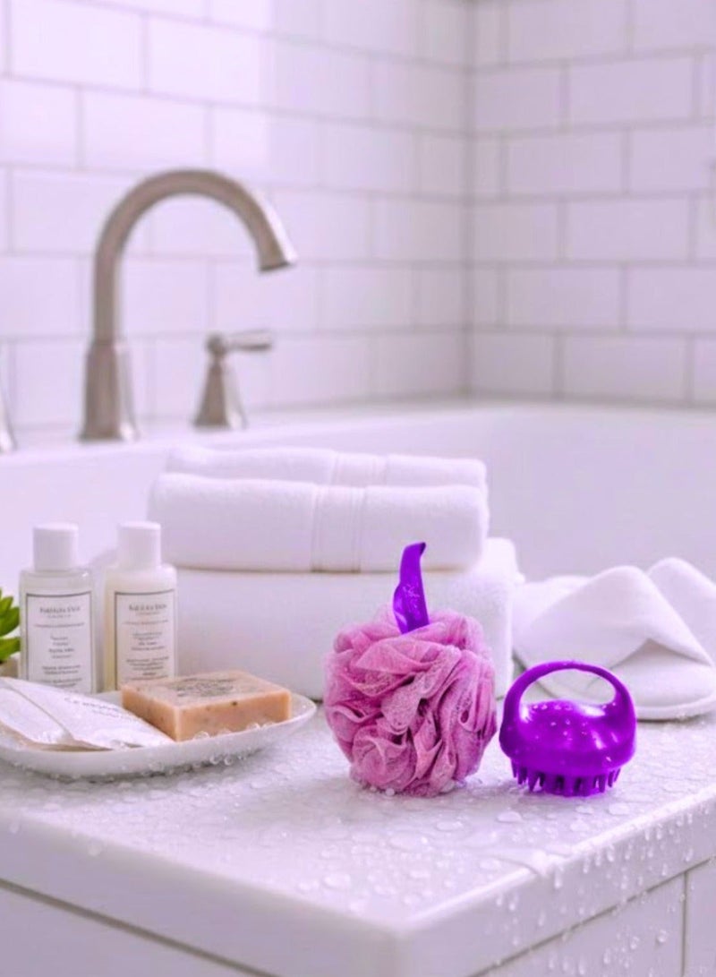 سولاري طقم شامبو وتدليك الليفة وفروة الرأس 2 في 1 – إسفنجة تنظيف الجسم + فروة رأس من السيليكون لإزالة القشرة، إكسسوارات دش نظيفة وعميقة للرجال والنساء (أرجواني) - Image 3